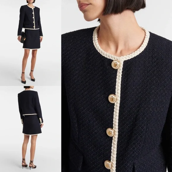 Veronica Beard Mabel Tweed Jacket Blazer Navy Ivory Trim Size 12 - Picture 4 of 16